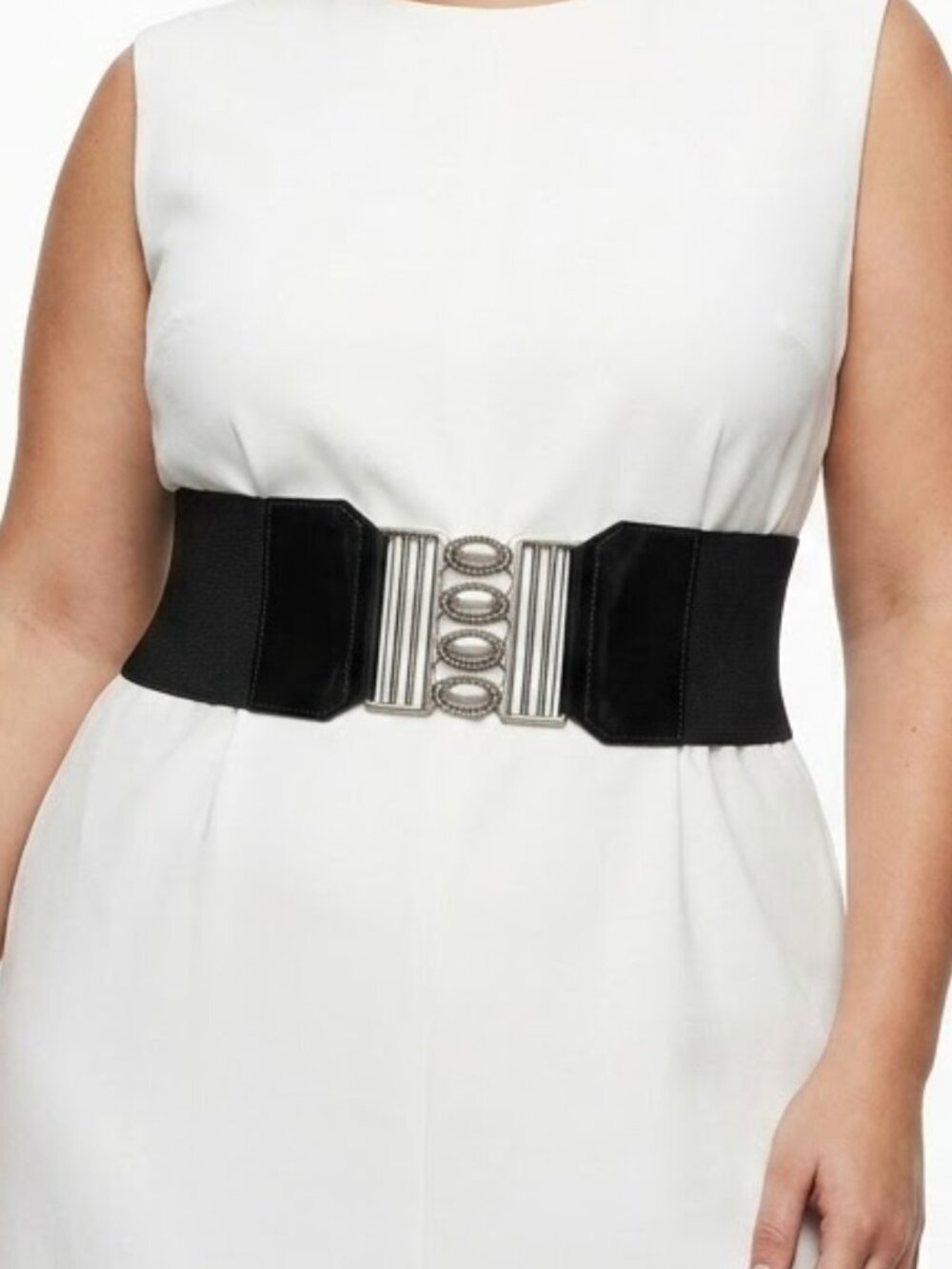 NINE WEST Whimsigoth Wide Elastic Belt Silver Clasp Black Patent Trim Fits XL